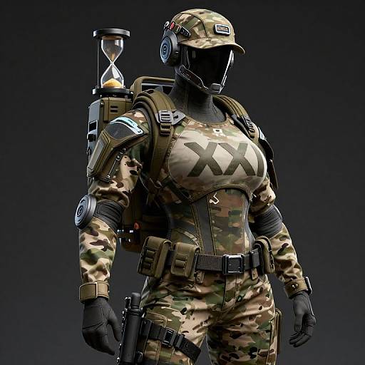 Photorealistic CGI of a female soldier in camouflage gear, helmet, black gloves, carrying a backpack with a timepiece, dark background.