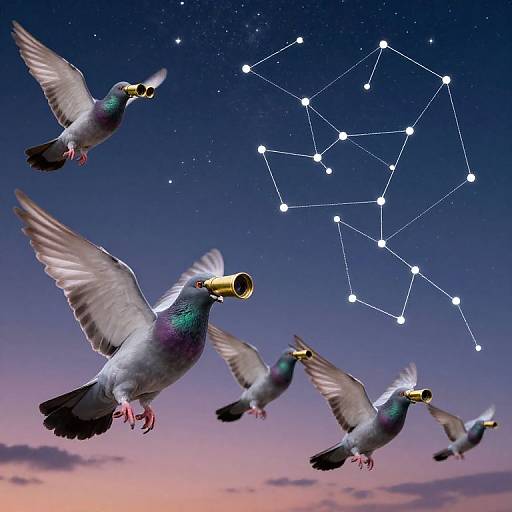 Photograph of five quail with iridescent green and purple feathers flying against a twilight sky, with a constellation map overhead.