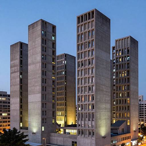 Photograph of four tall, modern, concrete skyscrapers at dusk, illuminated windows, blue sky, streetlights below, urban cityscape.