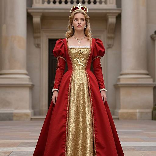 Photograph of a fair-skinned, blonde woman in a regal red and gold gown, wearing a crown, standing in front of a grand stone