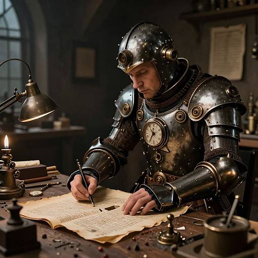Photograph of a medieval-style knight in shiny, ornate armor writing in a parchment book under a dim, industrial workshop lamp.