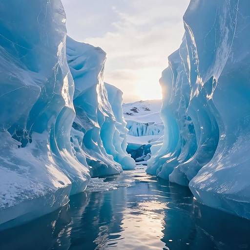 Photograph of a stunning icy glacier cave with towering, translucent blue ice walls reflecting in a dark, still water channel.