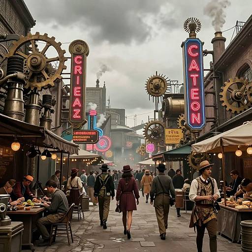Dieselpunk Neon Market Street Scene