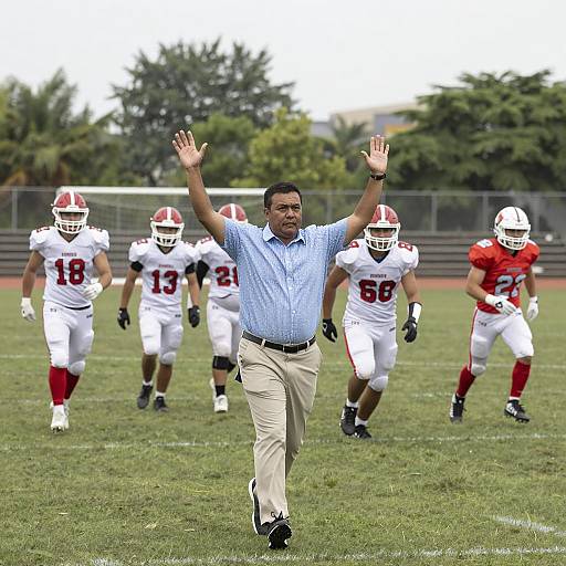 Football Coach Running with Players on Field