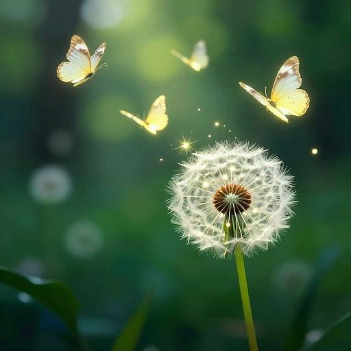 Photograph of a glowing dandelion seed head with four bright yellow butterflies fluttering around, set against a blurred green bokeh background.