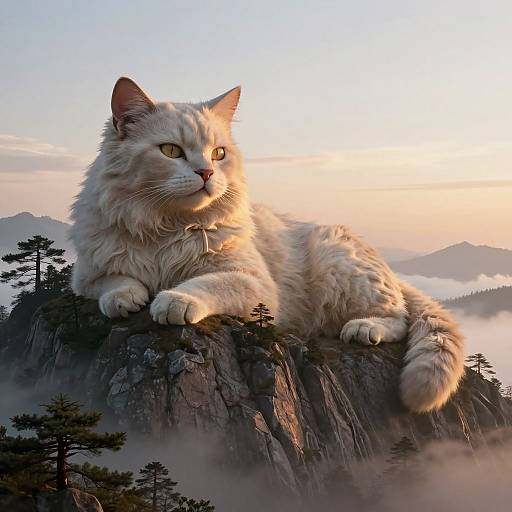 Photorealistic digital artwork of a fluffy white cat with golden eyes lounging on a rocky mountain peak at sunset, surrounded by mist and pine trees.