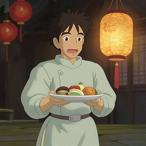 Anime-style digital illustration of a surprised Asian male chef in a white uniform holding a plate of colorful vegetables and fruits, under a glowing orange lantern in a