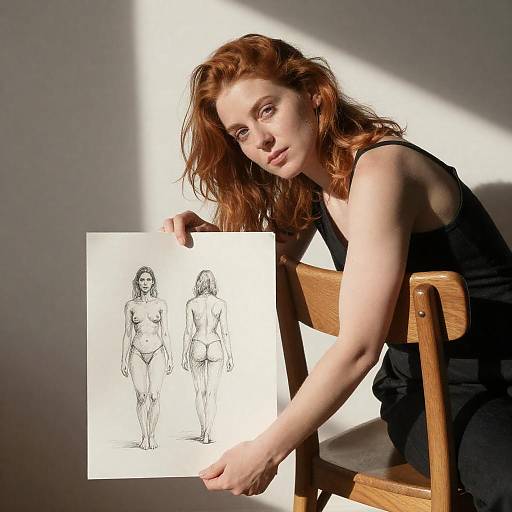 Red-haired Woman Holding Nude Figure Sketch