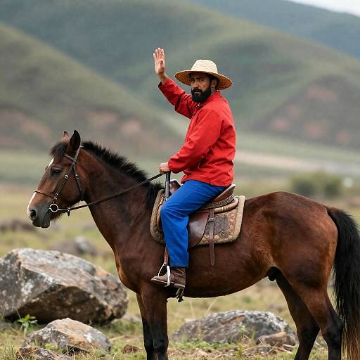 Bearded Man Riding a Horse in Nature
