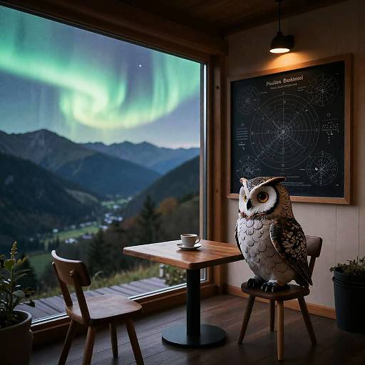 Photograph of a cozy mountain café with a large owl statue, wooden table, chair, Nordic aurora borealis outside, and a chalkboard map