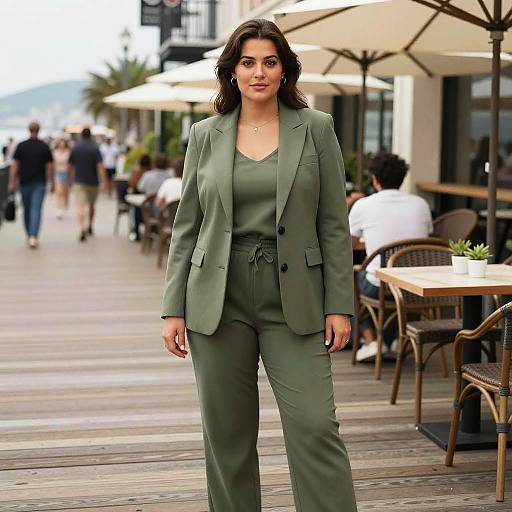 Stocky Woman in Olive Green Pantsuit