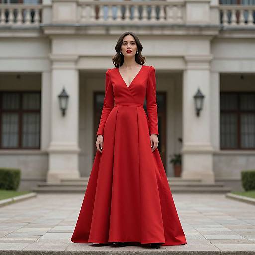 Photograph of a woman with fair skin, dark wavy hair, and red lipstick, wearing a vivid red, long-sleeved, V-neck