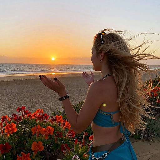 Blonde woman in blue bikini top, blowing kiss at sunset beach, orange flowers in foreground, ocean waves, golden sky. Photograph.
