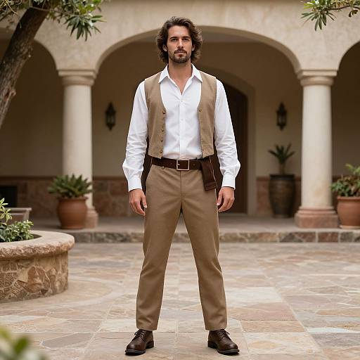 Photorealistic digital image of a bearded man with long brown hair, wearing a white shirt, beige vest, and tan pants, standing confidently in