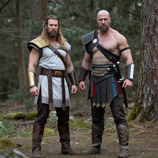 Photograph of two muscular, bearded men in ancient warrior costumes standing in a forest; one wears gold-accented white armor, the other black