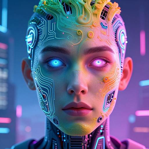 Cybernetic portrait of a woman with glowing blue and purple eyes, neon circuitry patterns on her face and head, set against a futuristic,