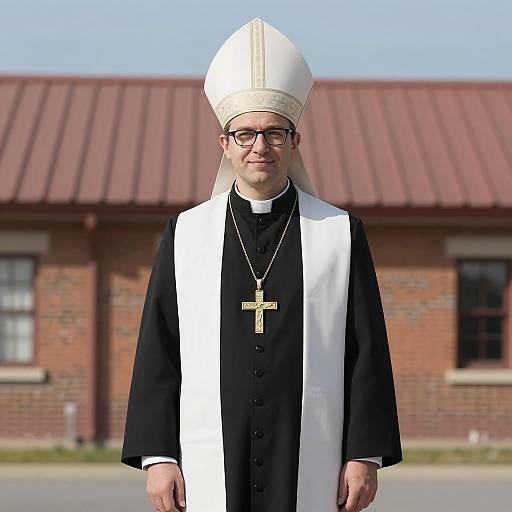Male Catholic Priest in White Mitre and Black Cassock