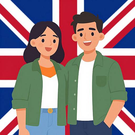 Cartoon illustration of smiling couple with black hair, wearing green jackets and white shirts, standing against a Union Jack flag.