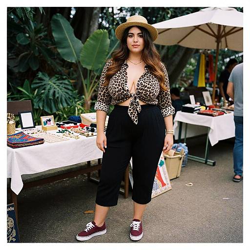 Photograph of a confident woman with long brown hair, wearing a leopard print tied blouse, black high-waisted pants, straw hat, and mar