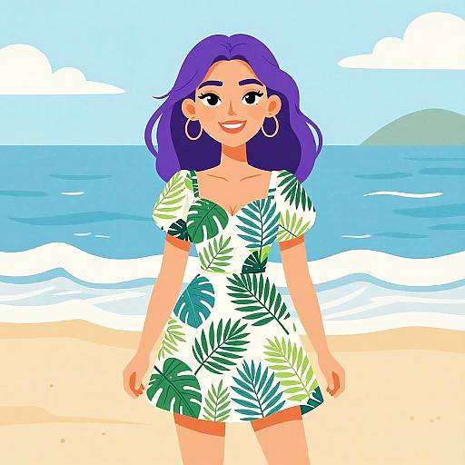 Digital illustration of a smiling woman with purple hair, wearing a green leaf-patterned dress, large hoop earrings, standing on a sandy beach with blue ocean
