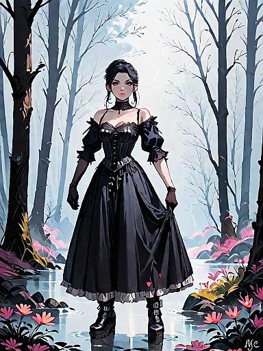 Gothic Woman in Dark Forest