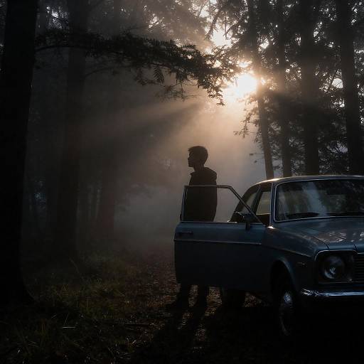 Misty Dawn: Silhouette Beside Vintage Car