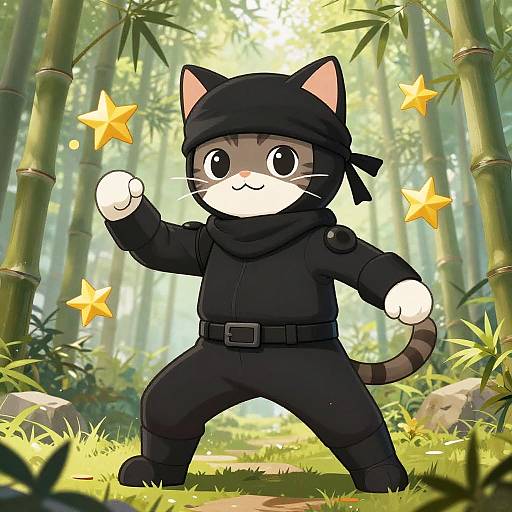 Cute digital illustration of a chibi cat dressed as a ninja, standing in a bamboo forest, with yellow stars around.