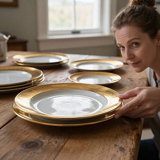 Photograph of a woman with brown hair, smiling, holding a gold-rimmed, white plate, on a rustic wooden table with more plates stacked