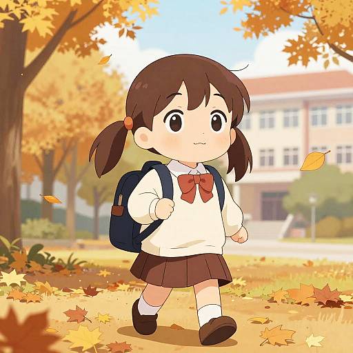 Anime-style illustration of a cute young girl with brown pigtails, wearing a white blouse, red bow, brown skirt, white socks, and brown