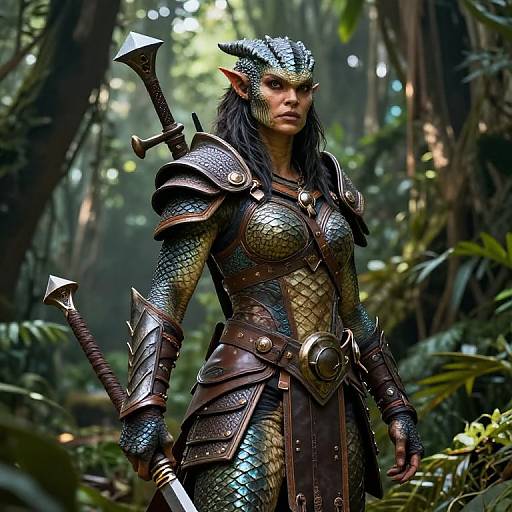 Photorealistic digital artwork of a fierce, armored, dragon-like woman with scales, horns, and pointed ears, standing in a lush, misty