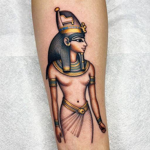 Tattoo of an ancient Egyptian female figure with dark hair, gold headdress, and jewelry, standing with arms by her sides, on a white