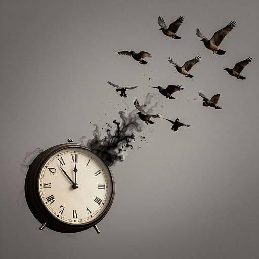 Photograph of a clock with black smoke emerging, transforming into flying blackbirds against a gray background. Clock shows 10:10.