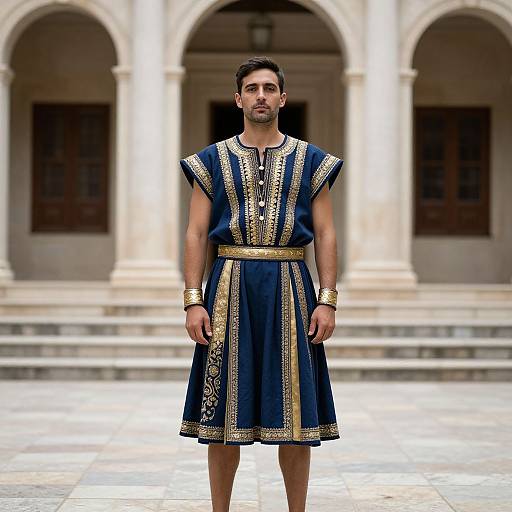 Photograph of a young man standing in a courtyard, wearing a blue and gold ancient Greek-style tunic and gold bracelets, with an arched stone