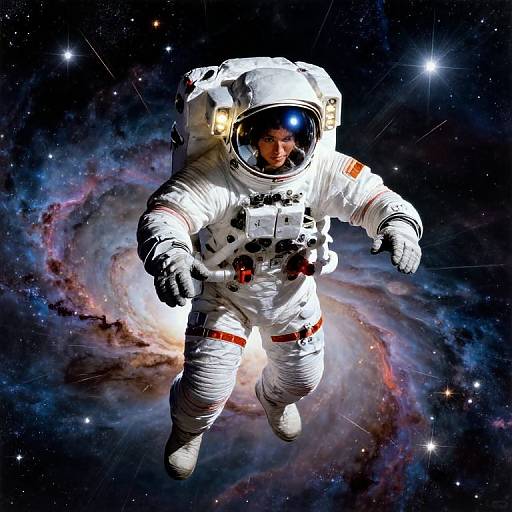 Photograph of an astronaut in a white spacesuit with a reflective helmet floating against a colorful, starry galaxy background.