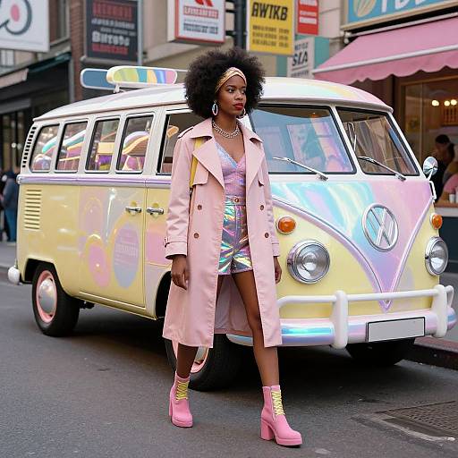 Photograph of a Black woman with afro, wearing pink coat, multicolored dress, pink boots, standing beside a pastel yellow VW van