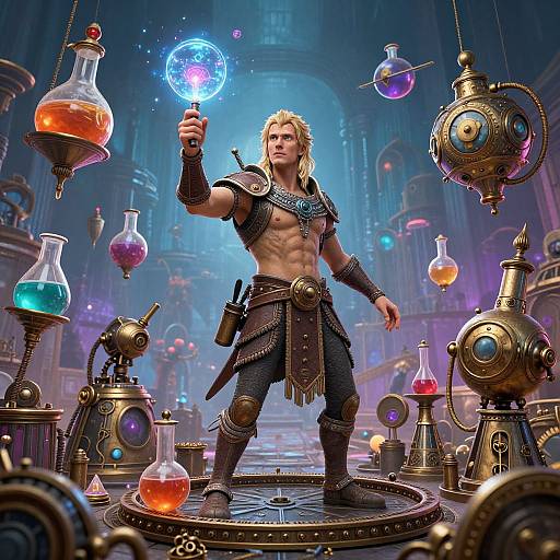 Digital artwork of a muscular, blond, shirtless wizard in medieval armor, casting a glowing blue orb in a futuristic, steampunk laboratory filled with