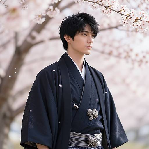 Photograph of an Asian man with black hair, wearing a traditional black kimono with white accents, standing under blooming cherry blossoms.