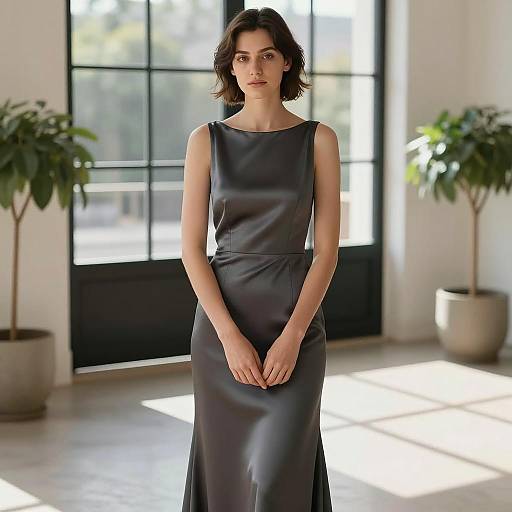 Woman in Elegant Dark Gray Satin Dress Indoors