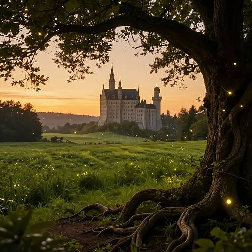 Photograph of a fairy-tale castle at sunset, framed by a large, twisted tree with glowing fireflies in a lush, green meadow.