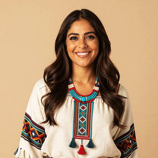 Photograph of a smiling Indian woman with long dark hair, wearing a white traditional embroidered blouse with colorful geometric patterns and turquoise bead necklace, against a beige