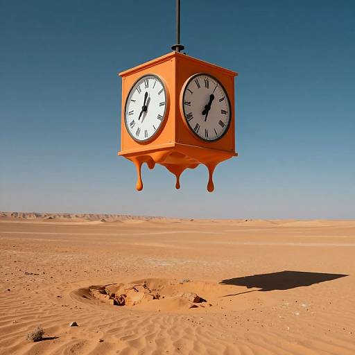 Photograph of an orange, dual-faced clock suspended in a clear blue sky over a vast, sunlit desert with rippling sand dunes in the