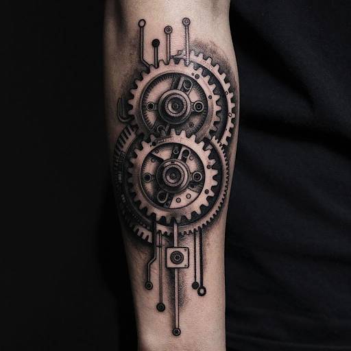 Futuristic Monochrome Mechanical Tattoo