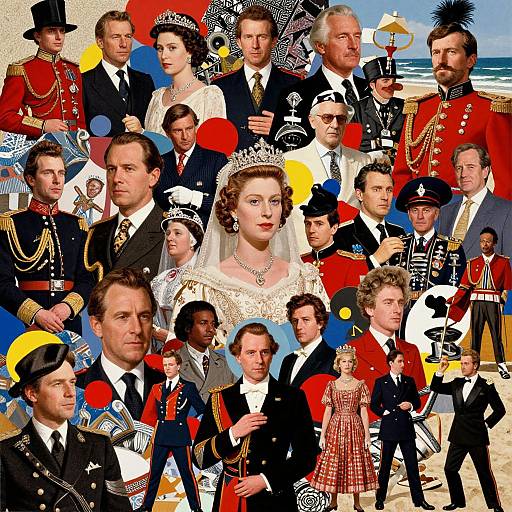 Photographic montage of various historical and royal figures in formal attire, including top hats, military uniforms, and wedding dresses, set against a colorful, abstract