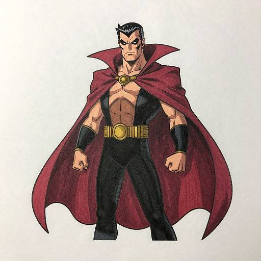 Digital illustration of a muscular, black-haired man with a red cape, black mask, black pants, and gold belt, standing confidently.