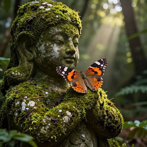 Ageha Butterfly on Moss-Covered Stone Statue
