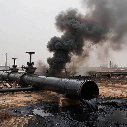 Photograph of a large black pipeline emitting thick black smoke, set in a muddy, industrial landscape with pipes and metal fixtures.