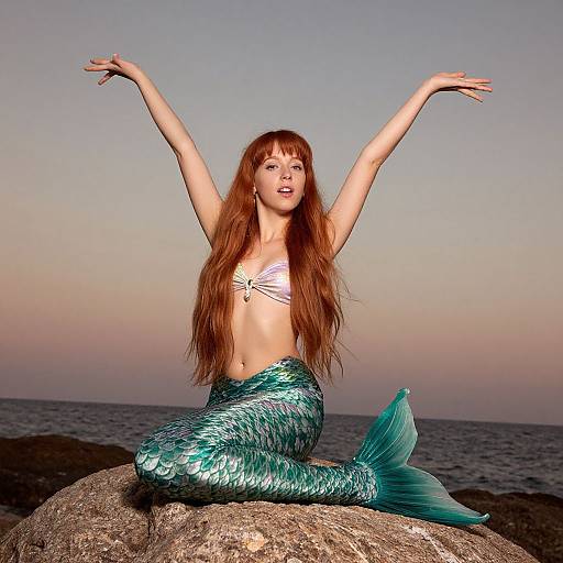 Photograph of a red-haired mermaid with long hair, green scaly tail, and white bikini top, arms raised, sitting on a rock at