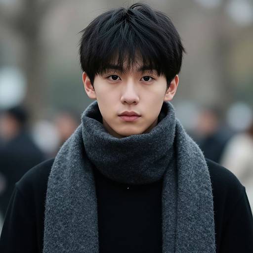 Photograph of a young Asian man with straight black hair, fair skin, and serious expression, wearing a black turtleneck and gray scarf, standing