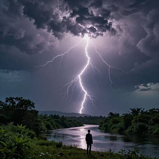 Photograph of a lone figure standing by a river, gazing at a dramatic, lightning-filled stormy night sky with dark clouds.