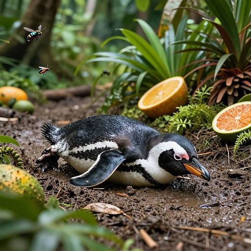 Jungle Penguin Sliding Amidst Tropical Vibes